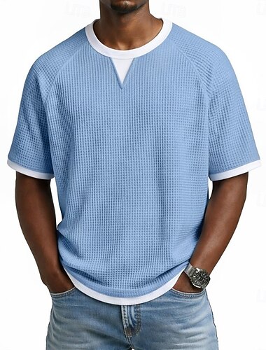  男性用 ワッフルTシャツ ティートップ 半袖 Ｖネック 夏 春 オールシーズン 純色 テクスチャード加工 ファッション デザイナー カジュアル 2 イン 1 ラグランスリーブ カジュアル 日常 アウトドア ライトブルー ブラック ライトグリーン メンズトップTシャツ