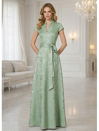  A-Linie Bodenlang Blumenkleid Abendkleid Elegant Vintage Blumen Kurzarm V Ausschnitt Gartenparty Hochzeit Tasche Jacquard mit Schleife(n)
