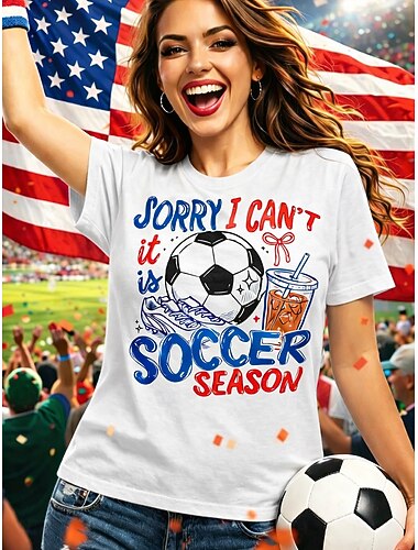  Voetbalshirt voor dames, print, stijlvol, klassiek, casual, korte mouwen, ronde hals, normale pasvorm, casual, dagelijks gebruik, sportief, blauw, zwart, wit, rood, groen, zomer, lente