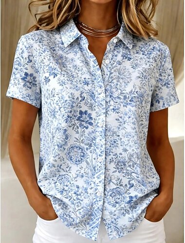  Γυναικεία Πουκάμισο Γραφική Γεωμετρικό Ριγέ Βίντατζ Τροπικό Στυλάτο Κοντομάνικο Κολάρο Πουκαμίσου Κανονικά μπλουζάκια Causal Καθημερινά Θαλασσί Πράσινο του τριφυλλιού Καλοκαίρι Άνοιξη