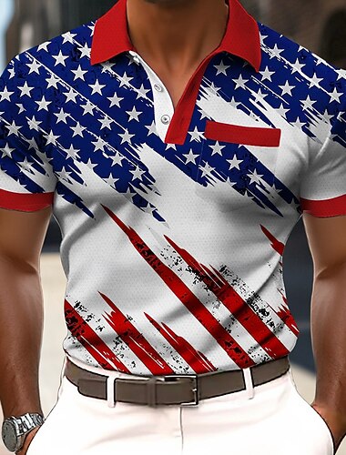  4 juillet 2026, 250e anniversaire Homme Drapeau Américain Polo Manche Courte Polos Chemises à Col Occasionnel Extérieur Athleisure Tenue quotidienne Impression 3D Boutons Printemps & Été Bleu Noir