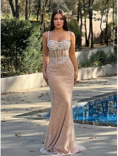  בתולת ים  חצוצרה עד הריצפה שמלות נשף שמלות ערב שמלת נשף לבוש רשמי אלגנטית סגנון של מפורסמים שטיח אדום ללא שרוולים לב (סוויטהארט) מסיבת ערב מסיבת חצר סאטן נצנצים עם נצנוץ פרטים מפנינה נצנצים