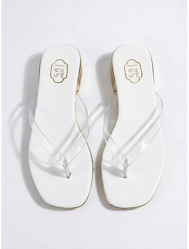  Elegante damesandaler med string - flip-flops med klare stropper og metallisk gullfarget lav hæl for cruiseferier, glamour ved bassengkanten &sommerantrekk ved sjøen