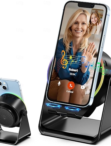  Bezdrátový indukční reproduktor se stojánkem na telefon, přenosný stereo zesilovač otočný o 360 stupňů, RGB světlo, bezdrátové připojení 5.3, ideální pro muže, ženy, teenagery, kuchyň a koupelnu