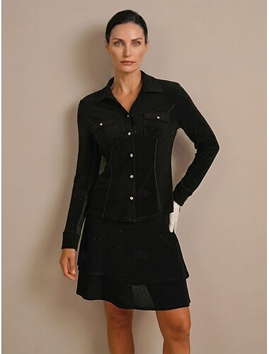  نسائي قميص بولو أسود كم طويل قميص ملابس الجولف للسيدات، ملابس ملابس