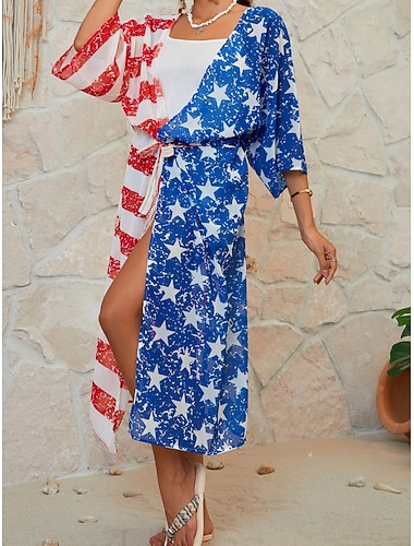  Damen Badeanzug Überwurf Bademode Urlaub Strandbekleidung Flagge V Ausschnitt Langarm Badeanzüge