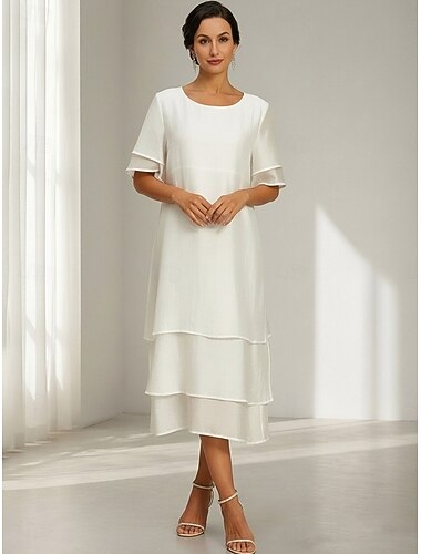  Mulheres Vestido midi Vestido de turno Vestido Coquetel Elegante Moderno Festa de Noite Casamento Ajuste Largo Tecido Meia Manga Gola Redonda Branco Verão Primavera