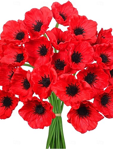  12 ramos de amapolas artificiales rojas en memoria del Día de los Caídos, decoración patriótica en homenaje a veteranos, ramo floral conmemorativo para soldados caídos, para el hogar. &exhibición de