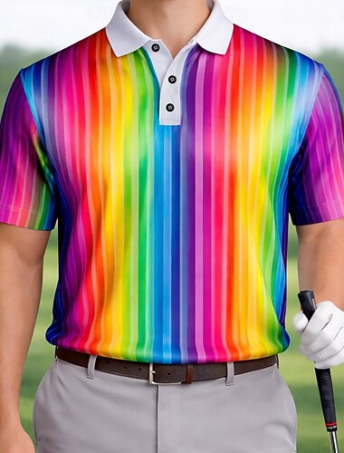  Per uomo Blocco di colori Golf Polo Sportivi Manica Corta Magliette polo Camicie con Colletto Casual Athleisure Abbigliamento quotidiano Stampa 3D Bottoni Primavera & Estate Arcobaleno