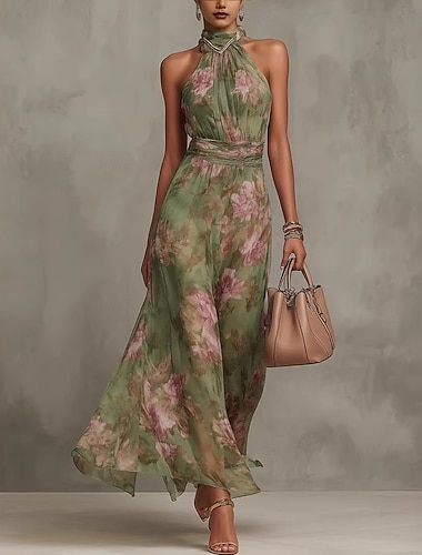  Mulheres Vestido Longo Vestido de chiffon Elegante Diário Ao ar livre Normal Floral Sem Manga Halter pescoço Verde Primavera