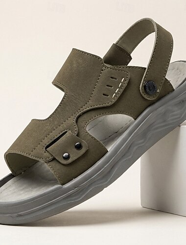  Pánské olivové sandály s páskem na zadečku s otevřenou špičkou, ležérní letní boty, nastavitelná pohodlná outdoorová obuv pro dovolenou na pláži, cestování, nošení v resortu a každodenní nošení v teplém počasí.