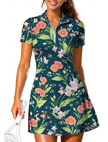  Damskie Rośliny Kwiatowy Sukienka do tenisa Sukienka sportowa Krótki rękaw Zamek Nadruk Oddychający Bransoletka tenisowa Golf Badminton Kołnierz Kołnierz polo Sukienka Niebieski i biały Czarny