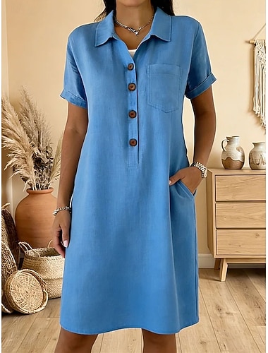  Damskie Sukienka do kolan Sukienka t-shirtowa Elegancja Plaża Regularny Równina Krótki rękaw Kołnierzyk koszuli Niebieski bordowy żółty zielony Biały Lato