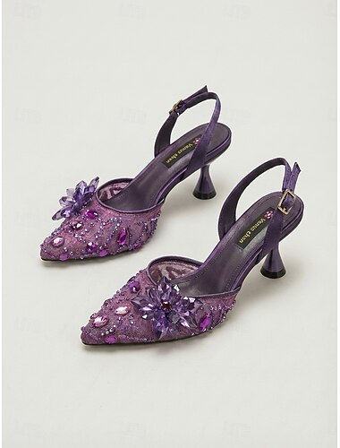  Gröna slingbackklackar för kvinnor - spetsiga pumps med kristallblommor för cocktailpartyn och kvällsevenemang &uttalandekväll