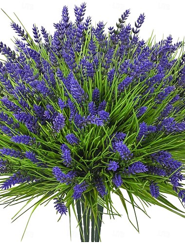  8 buntar konstgjorda växter utomhus, UV-resistenta konstgjorda blommor, realistiska konstgjorda lavendelbuskar för veranda trädgård fönsterlåda heminredning