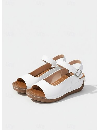  Sandálias femininas brancas com tira no calcanhar - calçado confortável de bico aberto com fivela ajustável, ideal para passeios casuais, eventos ao ar livre e férias de verão.