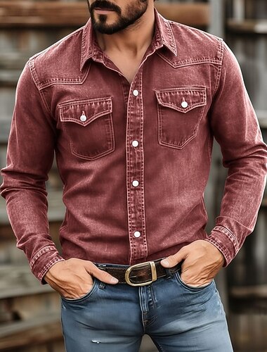  Herr Skjorta Casual skjorta Arbetsskjortor Knapp upp skjorta Färgade plagg Bleknad skjorta Blå Svart Rubinrött Kamel Ljusgrå Långärmad Slät Tröjkrage Ledigt Dagligen Framficka Kläder Elegant Mode