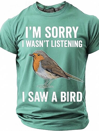  Męska koszulka z nadrukiem „Przepraszam, nie słuchałem, widziałem ptaka” z zabawną grafiką do obserwacji ptaków, krótki rękaw, okrągły dekolt, realistyczny rudzik, miłośnik przyrody, prezent, miętowa