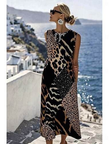  Dame Midikjole Skift Kjole Sommerkjole A Linje Kjole Ferie Afslappet Boheme Strand I-byen-tøj Regulær Grafisk Dyr Geometrisk Uden ærmer Rund Hals Sort Sommer Forår