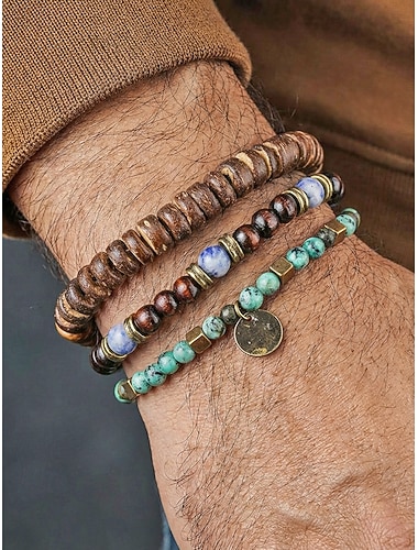  Herenarmbandenset in bohemian stijl met turkooizen en houten kralen van kokosnootschelpen, 3 stuks elastische, stapelbare armbanden, perfect voor strandvakanties, casual zomeroutfits en dagelijks gebruik.