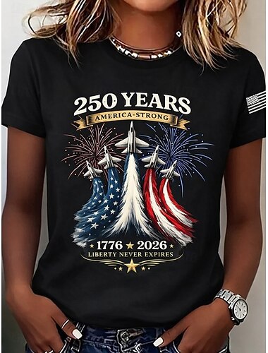  Jour de l'Indépendance Américaine Femmes T-shirt Imprimé Graphique Drapeau Élégant Classique Occasionnel Manche Courte Col ras du cou Hauts Réguliers Occasionnel Quotidien Bleu Noir Été Printemps