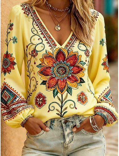  Per donna Camicia Camicia Boho Stampato Floreale Grafico Elegante Bohemien Vacanza Manica Lunga Scollo a V Top Regolari Casuale Quotidiano Ferie Blu Nero Giallo Rosa Blu Reale Estate Primavera