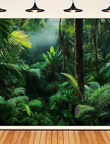  tropisk regnskog natur grön palm ormbunke löv dimmig djungel djup skog botanisk väggbonad väggdekoration bakgrund för sovrum vardagsrum heminredning väggkonst
