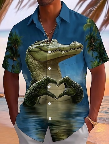  Herre Dyr Krokodillemønster Hjerteformet Hawaii skjorte Skjorte med knapper Aloha skjorte Kortermet Hawaiisk Morsom Feriereise Sommer Vår Aftæpning 3D-utskrift krage skjorter Front One Lomme Blå Grønn