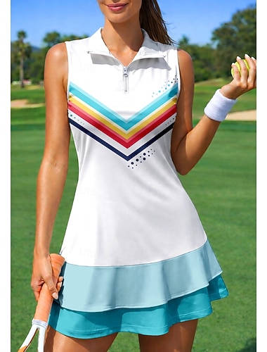 Dame Geometrisk Stribe Tenniskjole Sportskjole Tennispolokjole Ermeløs Glidelås Quarter Zip Elastisk Svettereduserende Pustende Volleyball Tennis Golf Krage Aftæpning Kjoler Blå Tennis klær