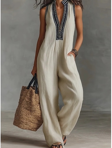  Damen Normal Overall Aktiv Einfarbig Ärmellos Weites Bein V Ausschnitt Patchwork Tasche Täglich Urlaub Lässiger Schnitt Blau Schwarz Aprikose Sommer