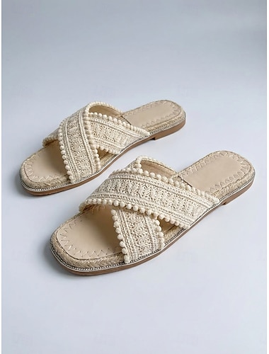  Dames boho crèmekleurige gehaakte slippers - comfortabele geweven espadrilles met gekruiste bandjes &Pompondetails voor strandvakanties en zomerresorts. &eilandreizen