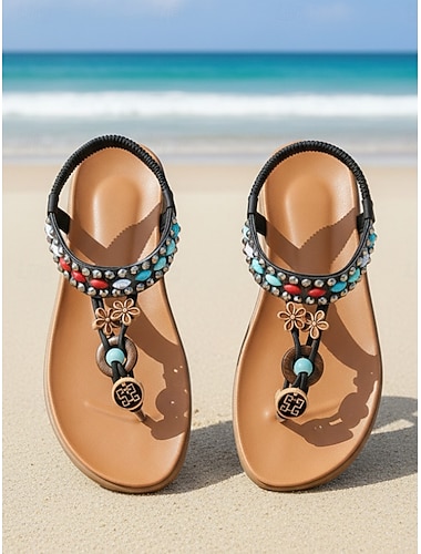  Sandales bohèmes noires pour femmes - chaussures de marche ethniques à bride en T ornées de perles et dotées d'une bride arrière élastique confortable, idéales pour les vacances en plein air et les