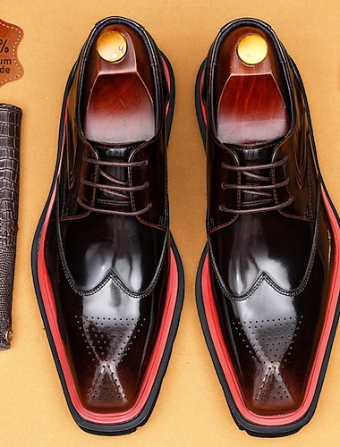  Herresko i premium ekte skinn, svart og burgunder med vingetupp, oxfordsko med brogues og snøring, formelle dresssko for brudgom, forlovere, bryllup, fester og raffinert gentlemanstil.