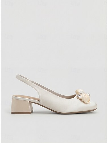  レディース アイボリー ブロックヒール スリングバック パンプス、花柄パール スクエアトゥ ドレスシューズ（ガーデンパーティー、結婚式ゲスト用） &日中のイベント