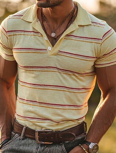  Voor heren Horizontale stroken Lijn Poloshirts Korte mouw Poloshirt Overhemden met kraag Casual Sportkleding Alledaagse kleding Knop Lente zomer blauw Geel Groen