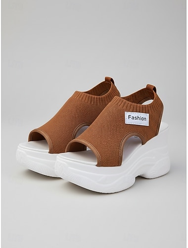  Dámské hnědé pletené sandály na klínku, prodyšné pletené sportovní sandály, všestranná ležérní obuv na dovolenou, chůzi &letní denní