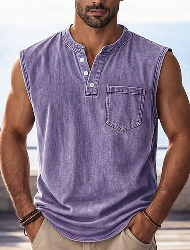  Herren Tank Top Weste Jeans hemden Acid-Wash-Shirt Ärmellos Henley Sommer Frühling Einfach Mode Designer Basic Verblasst Vintage-Waschung Lässig Urlaub Straße Schwarz Hellgrün Rosa Top T-Shirt für