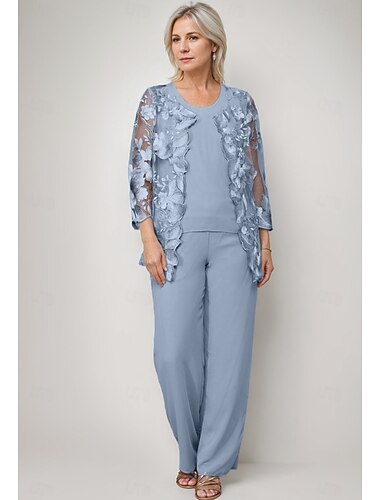  سراويل بدلة 3 قطع طول الأرض فستان أم العروس كم طويل رقبة عالية مدورة أنيق رسمي ضيف حفل زفاف شيفون يشمل الشالة مع دانتيل تطريز