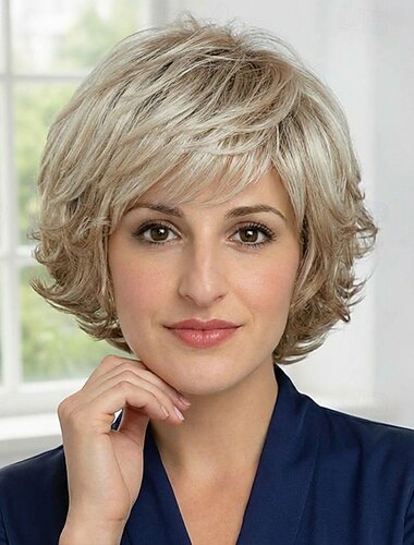  Perruque bob courte dégradée blond cendré avec frange pour femme - postiche synthétique ondulé et méché à l'aspect naturel