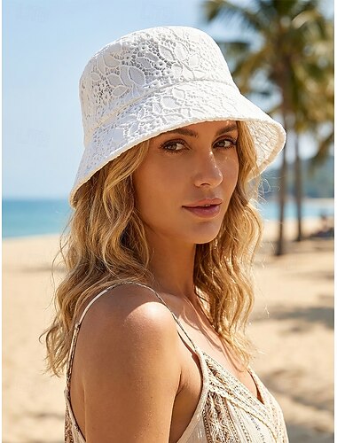  レディース ボヘミアン レース バケットハット、通気性のあるポリエステル製折りたたみ式サンハット（ブラック＆ホワイト）、ビーチバケーション、普段着、旅行、夏のリゾートスタイルに最適