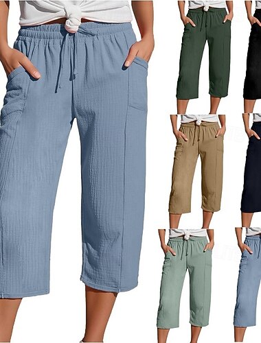  Dames Capri broeken 100% Katoen Vakantie Streetwear Basic Capris Hoge taille Effen Trekkoord Zak Elastische tailleband Comfort Zacht Comfortabel Inelastisch Dagelijks Strand Feestdagen Zwart
