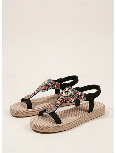  Sandales à lanières bohèmes perlées pour femmes avec broderie ethnique – chaussures d'été plates et confortables pour la plage, les voyages et les sorties décontractées
