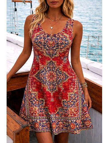  Dame Mini kjole Kjole med A-linje Sommerkjole Off The Shoulder-kjole Ferie Fritid Strandstil Strand Ferie Normal Grafisk Stamme Ermeløs U-hals Mørkerød Rød Kamel Sommer Vår