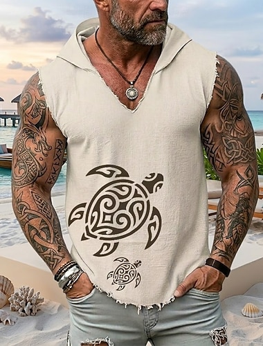  Herre tribal havskilpadde polynesisk bohemsk kyst ermeløs hettegenser tanktopp grafikk bomull lin frynsete rå fald løs passform strandferie designerklær s m l xl xxl xxxl