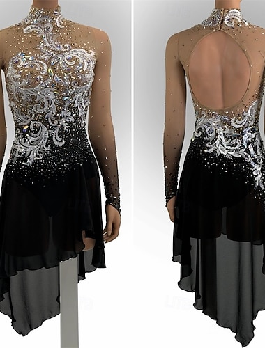  Robe de patinage artistique Femmes Patinage Robe Noir Patchwork Trou de pouce Élastique Entraînement Compétition Tenue de Patinage Classique cristal pailleté manche longue Patinage sur glace Patinage