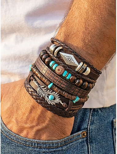  Herenarmbandenset in bohemian stijl, 6-delig, verstelbare lengte, legering, kokosnootschaal &Hout gemengd materiaal, perfect voor een strandvakantie of casual dagelijkse kleding.