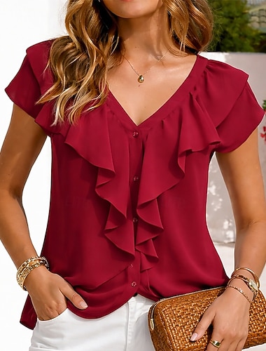  Dame Skjorte Sommerskjorte Uformell skjorte Chiffongoverdeler Drapering Knapper Helfarge عادي Elegant Årgang Mote Kortermet V-hals Vanlige topper Daglig Ferie Ut på byen Vin Sommer Vår Høst