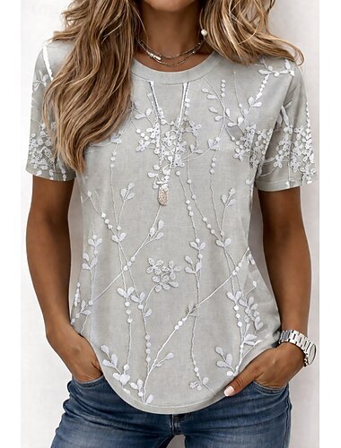  Women's T Shirt Print Floral Graphic Plants Stylish Classic Casual Short Sleeve Crew Neck Round Neck Regular Tops Casual Daily White gray Pink Light Purple Summer Spring Fall