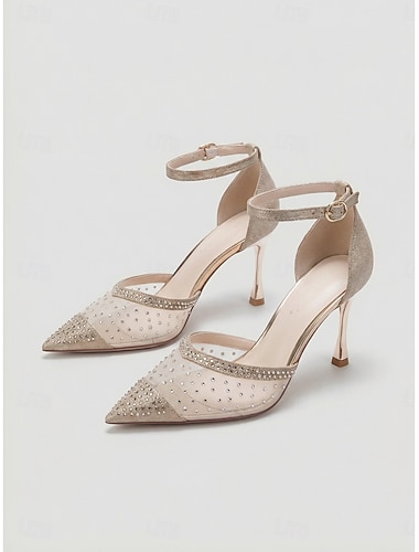  Dames pumps met spitse neus, iriserende strass steentjes en mesh - champagnekleurige stiletto pumps met enkelbandje voor cocktailparty's en gala's. & bruiloft