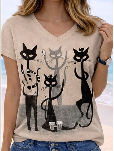  בגדי ריקוד נשים חולצה קצרה דפוס גראפי חיה אותיות מסוגנן קלסי יום יומי שרוולים קצרים צווארון V חולצות רגילות קזו'אל יומי לבן אודם תלתן קיץ אביב